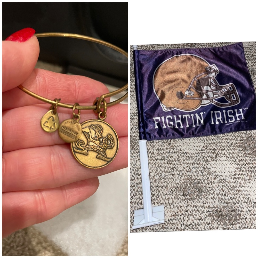 Alex & Ani Notre Dame Charm Mascot Bangle Bracelet & ND car window 2 sided Flag